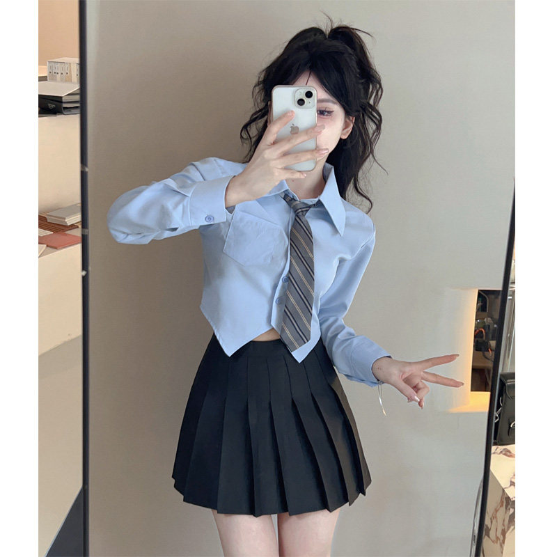 短款蓝色衬衫学院风jk制服衬衣
