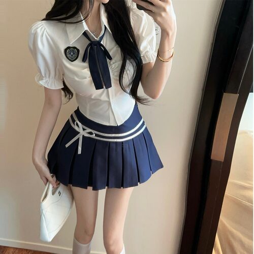 海军领空姐工作服spa技师jk制服套装学院风拼接修身短袖百褶短裙