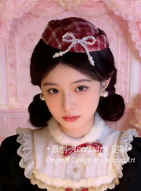 樱落圣诞节氛围感红色格子小礼帽发夹lolita新年发饰