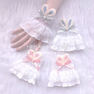 Lolita少女呲甜粉蓝兔耳花边手袖 蝴蝶结手套蕾丝女甜lo娘搭配护腕