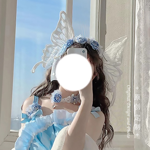 华丽手作lolita大蝴蝶发夹 渐变色梦幻大扑棱蛾子翅膀后压头饰