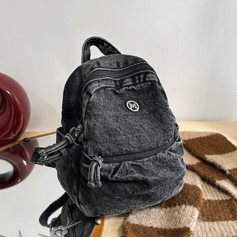港风水洗牛仔布小型书包男大学生韩版简约复古背包女百搭双肩包潮