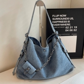 休闲大容量托特包牛仔布包包女2024新款 通勤单肩斜挎包水桶包 秋季