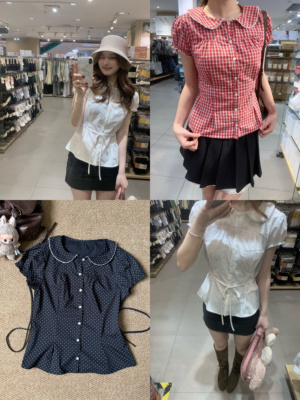 哦米家 娃娃领上衣泡泡袖绑带收腰衬衫女夏季甜美风百搭时尚短袖