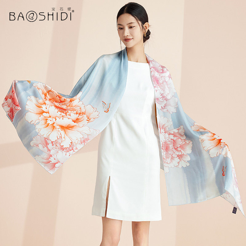 宝石蝶新款真丝丝巾女红妆牡丹礼盒装送妈妈送老师100%桑蚕丝围巾