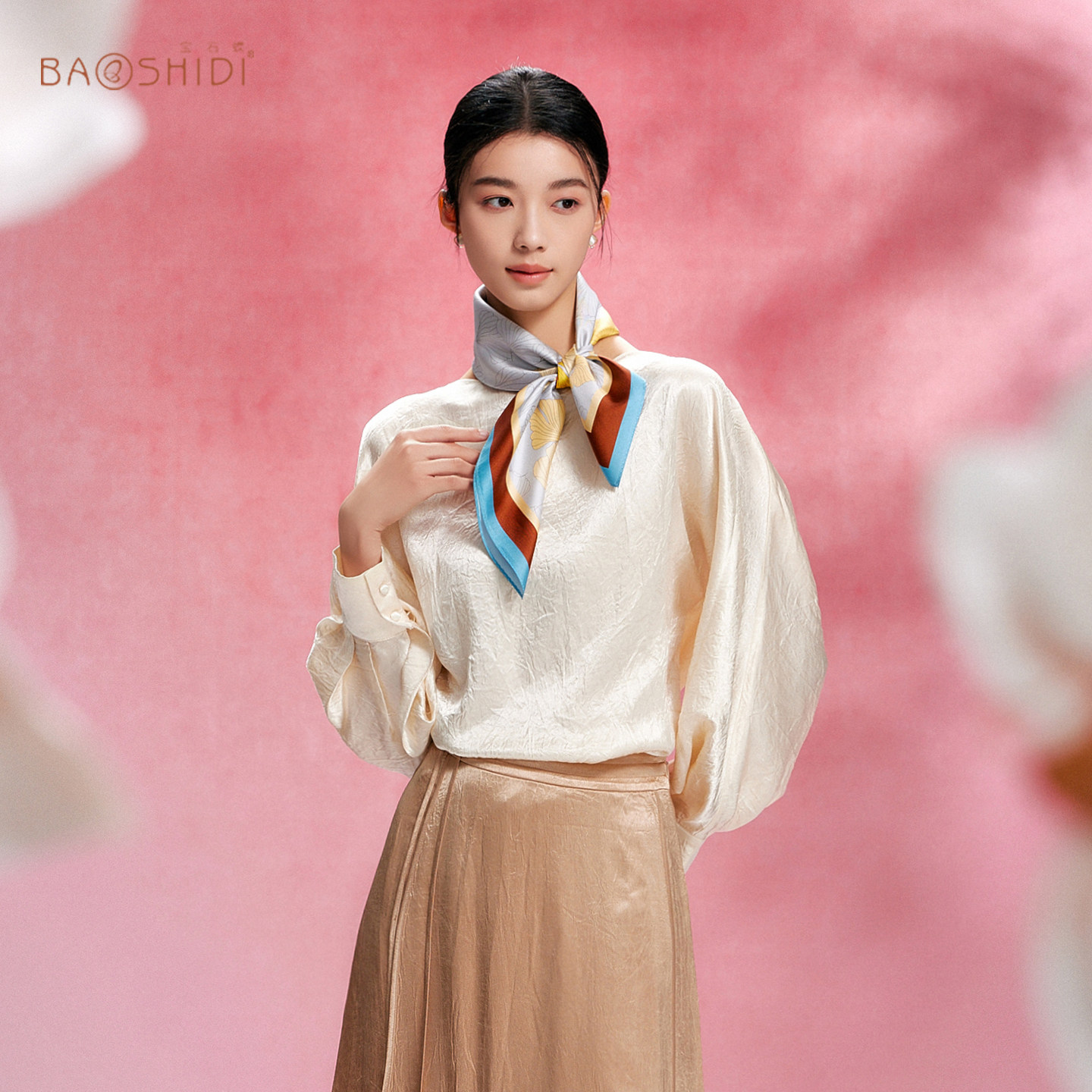 宝石蝶春秋桑蚕丝中方巾杏雨女生日妇女节礼物真丝丝巾围巾送礼盒 - 宝石蝶服饰旗舰店出品