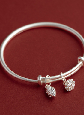 999纯银古法传承复古款实心足银999手镯子莲蓬莲子磨砂两世欢