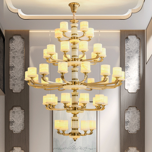 全铜玉石复式楼大吊灯现代别墅客厅灯楼中楼空跃层自建房玉石灯具