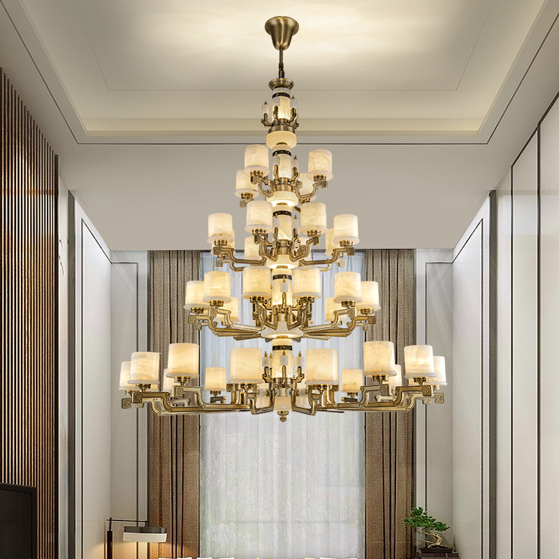 全铜玉石客厅灯餐厅灯高档现代大气别墅复式楼云石铜大厅大吊灯具