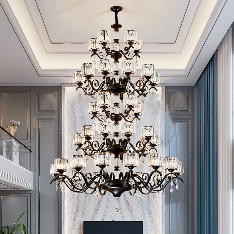 简约轻奢美式别墅复式楼大厅挑高楼梯间长水晶客厅中空挑空大吊灯