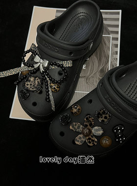 韩系豹纹猫冷淡风Crocs鞋扣