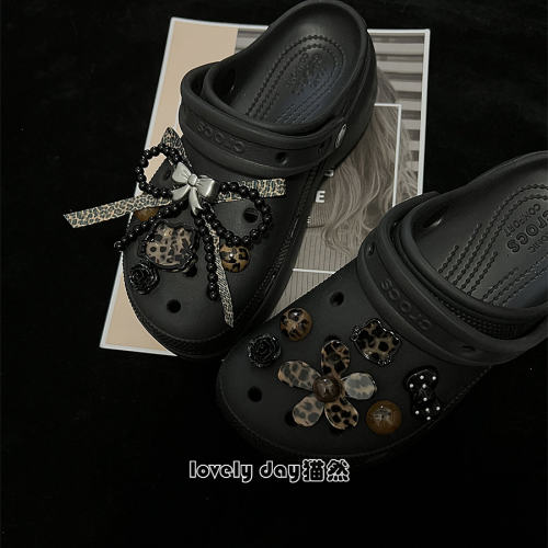 韩系豹纹猫冷淡风Crocs鞋扣