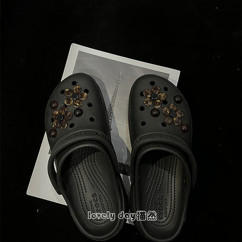 crocs洞洞鞋鞋花扣复古豹纹百搭