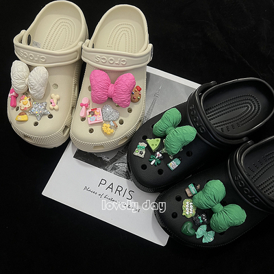 高级感绿蝴蝶结甜美多巴胺鞋扣crocs骨白黑色洞洞鞋diy配饰女鞋花