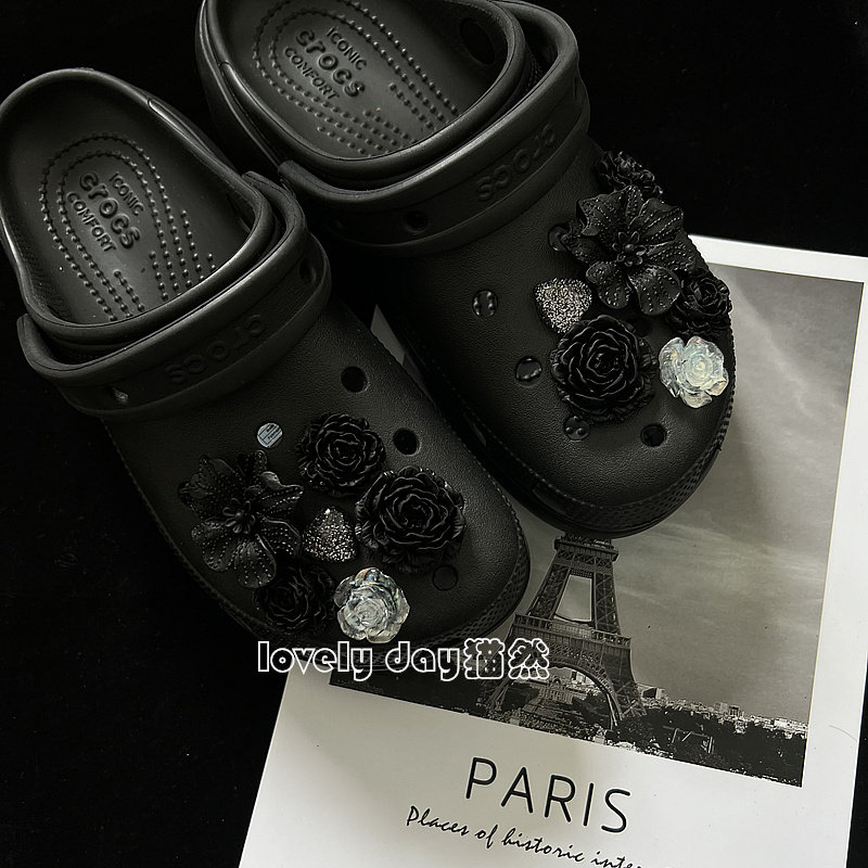 Crocs卡骆驰经典闪耀云朵鞋扣高级感鞋花黑色花束泡芙饰品diy配饰图片