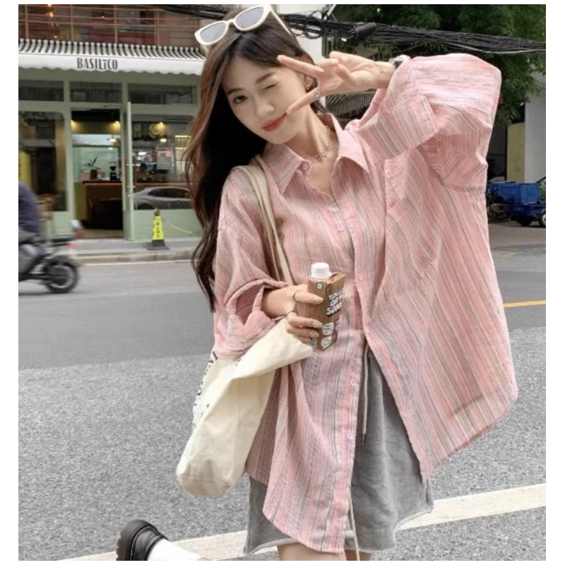 2026大码女装chic粉色条纹衬衫慵懒风衬衣M-4XL200斤