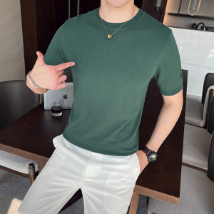 2170 夏季纯色圆领针织短袖T恤 修身纯色潮流冰丝T恤 宽松图片