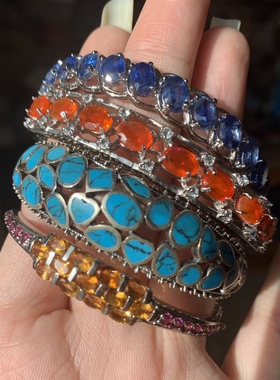 蓝晶石火欧泊黄水晶银开口手镯