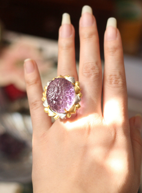 天然雕刻雕花紫水晶925银戒指