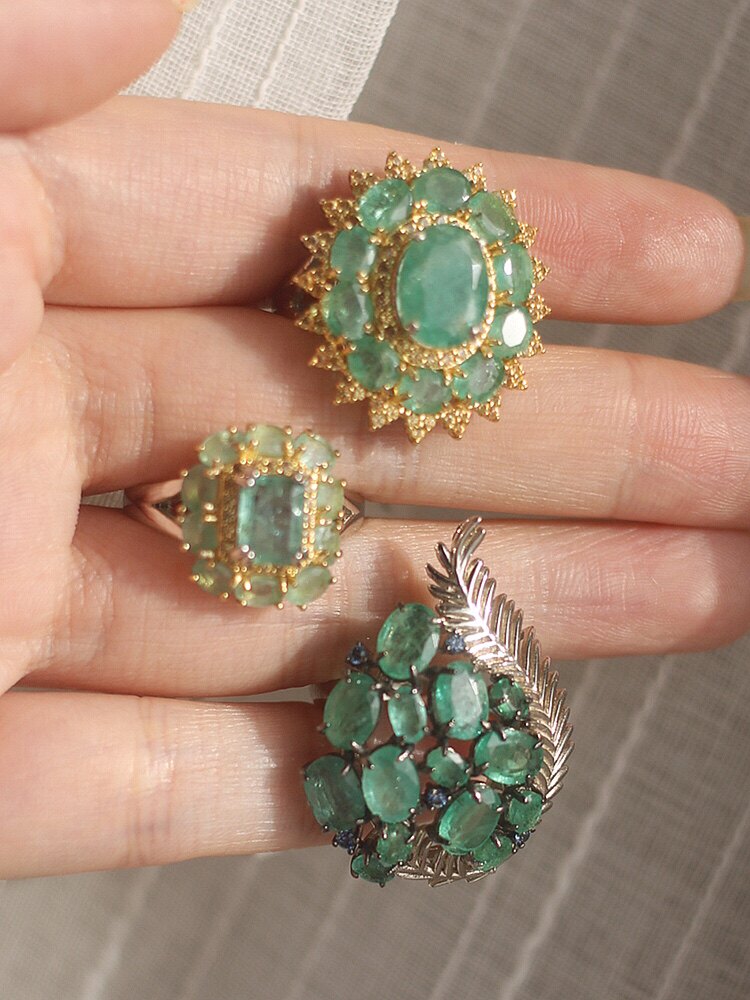 欧洲复古珠宝|欧美回流天祖母绿钻石925银镀金艺术设计造型戒指女