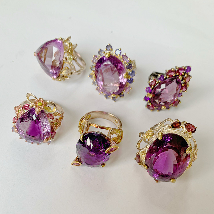 欧洲复古珠宝|欧美回流天然紫水晶祖母绿宝石925银镀金艺术戒指女