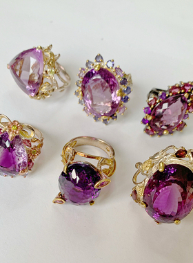 欧美天然紫水晶祖母绿宝石银戒指