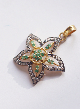 天然祖母绿南非钻石925银吊坠