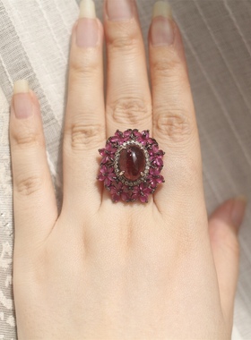 天然碧玺红宝石钻石925银戒指