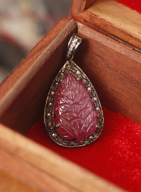 中古董天然红宝石钻石925银吊坠