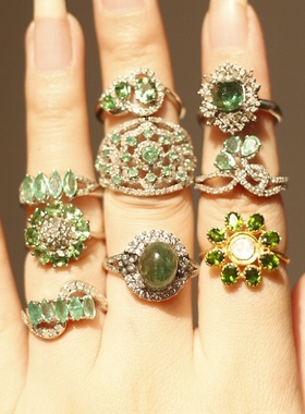 英国祖母绿沙弗莱钻石银戒指