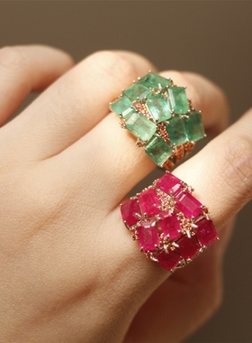 英国进口祖母绿红宝石925银戒指