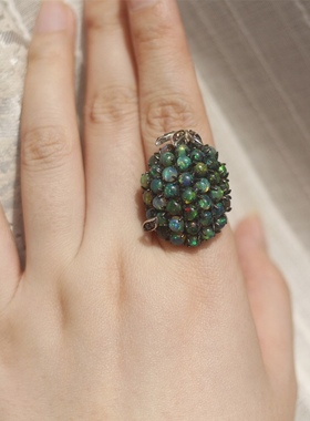 天然黑欧泊南非钻石925银戒指