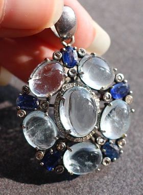 英国回流进口天然清透海蓝宝925银镀金复古中古董Vintage吊坠