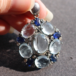 英国回流进口天然清透海蓝宝925银镀金复古中古董Vintage吊坠