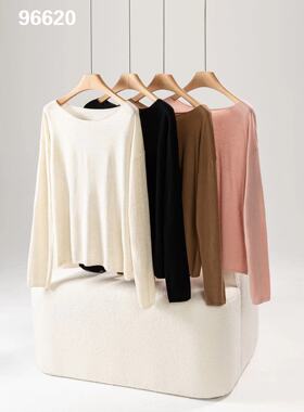 DY96620轻奢气质简约卷边一字领薄款精纺羊毛打底衫纯色针织长袖