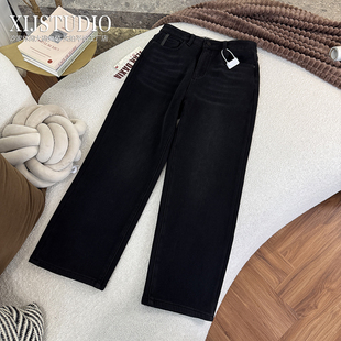 汐家女裤 超显瘦密密绒烟管裤大码秋冬高腰小黑裤直筒牛仔裤