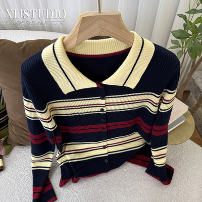 汐家大码条纹毛针织衫多巴胺条纹羊毛开衫修身套头休闲打底