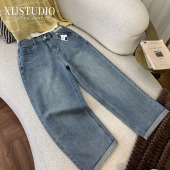 休闲哈伦牛仔裤 大码 松紧高腰水洗蓝遮肉宽松老爹裤 汐家女裤