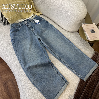 汐家女裤 松紧高腰水洗蓝遮肉宽松老爹裤大码休闲哈伦牛仔裤
