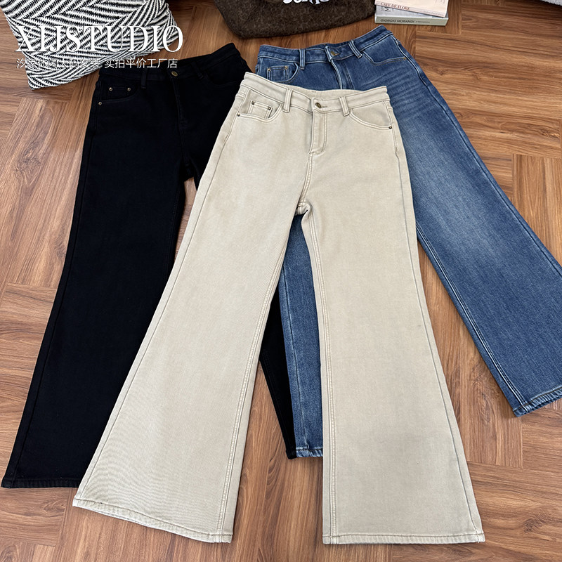 汐家女裤秋冬新款弹力加绒直筒微喇裤大码高腰重工洗水牛仔裤长裤,女装/女士精品,大码裤装,淘宝优惠券,粉丝福利购,淘宝优惠卷