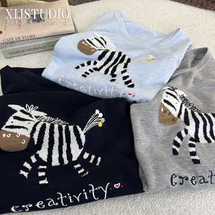 短袖 大码 T恤 薄款 上衣 汐家女装 宽松百搭刺绣斑马针织衫 春夏新款