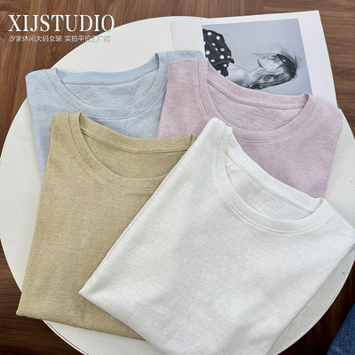 汐家女装 春夏清爽透气正肩基础款圆领短袖大码小清新棉麻质地t恤