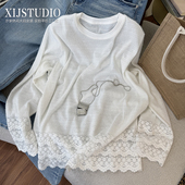 拼镂空蕾丝长袖 T恤大码 磨毛春日T百搭薄款 汐家女装 时尚 打底上衣