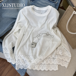 时尚 汐家女装 磨毛春日T百搭薄款 T恤大码 打底上衣 拼镂空蕾丝长袖