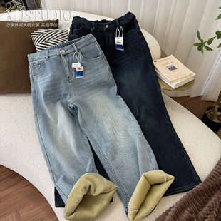 牛仔裤 直筒裤 大码 冬季 汐家女裤 宽松阔腿长裤 秋冬高腰加绒加厚款