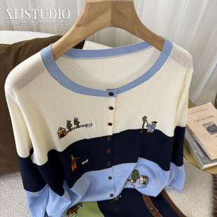 春季 吸睛显瘦刺绣圆领长袖 薄款 大码 上衣 撞色针织开衫 汐家女装