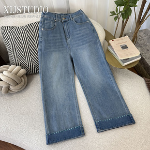 汐家女裤新款四面弹高腰水洗蓝窄版阔腿裤大码刺绣翻边直筒牛仔裤