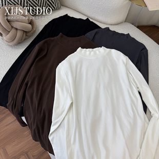 打底衫 正肩长袖 纯色慕斯绒半高领内搭纯色t恤上衣 秋季 汐家女装