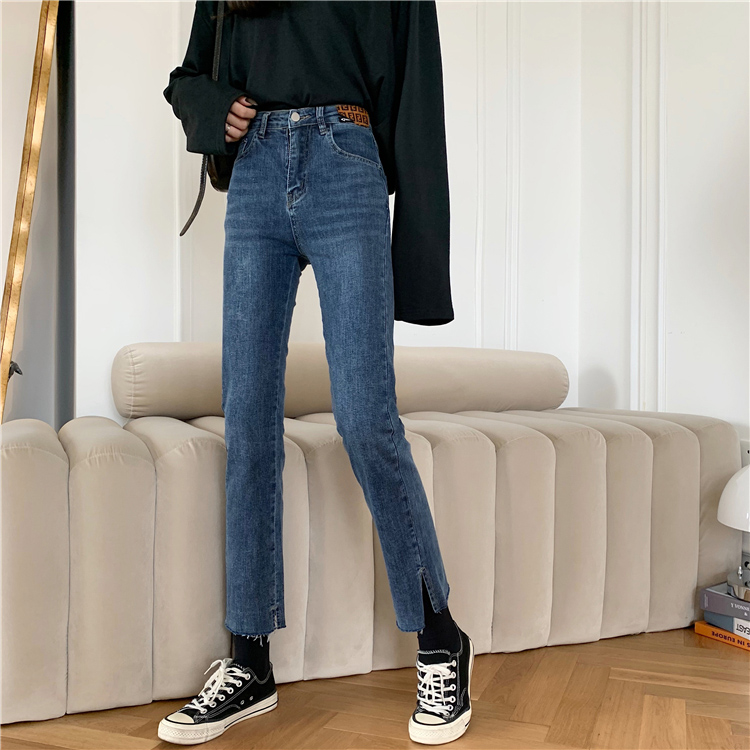 Korean version chic age reduced high waist jeans with retro burr split design