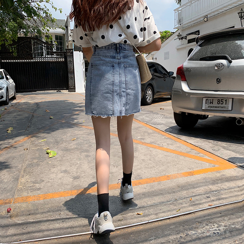 Real shot Han Fan wash high waist tear edge denim skirt loose and versatile leg length A-line skirt